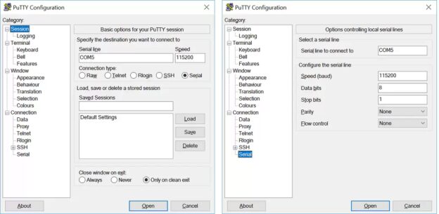 Configuración de Putty para puerto serie USB