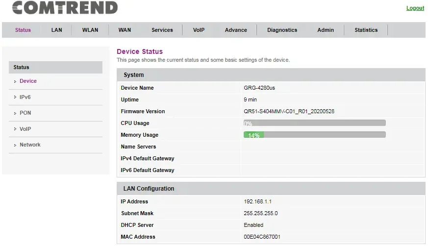 Administración web Comtrend GRG-4280us