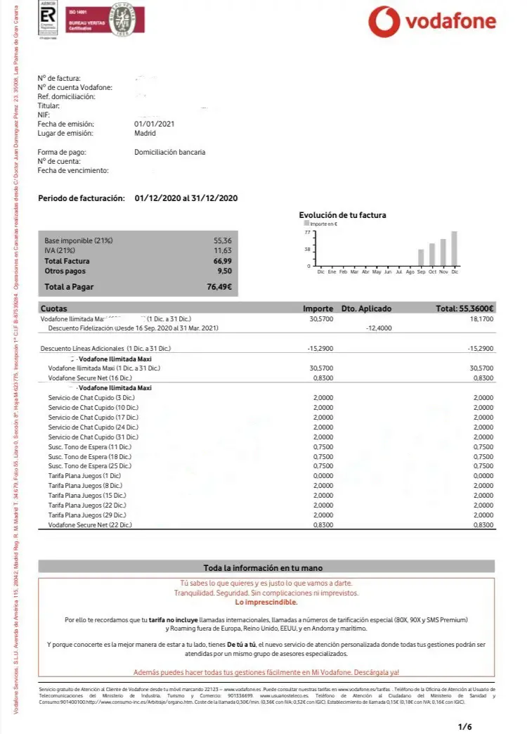 Factura Vodafone con pagos a terceros