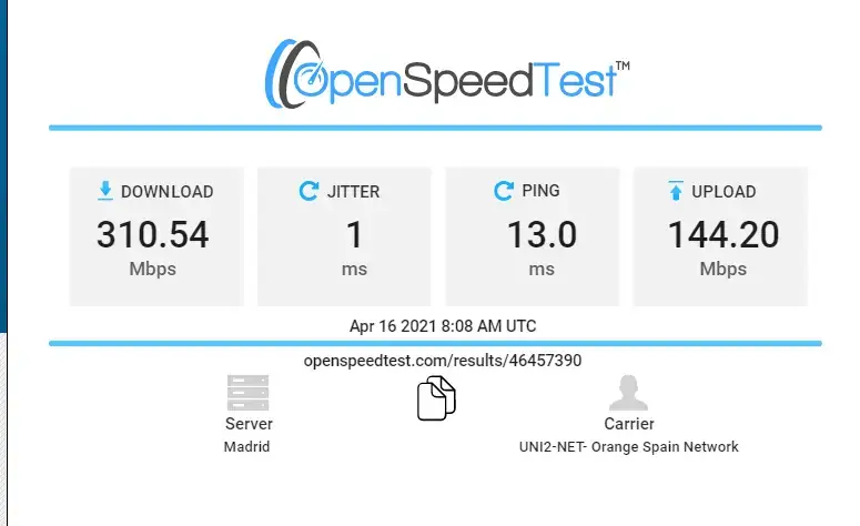 Resultado de speed test