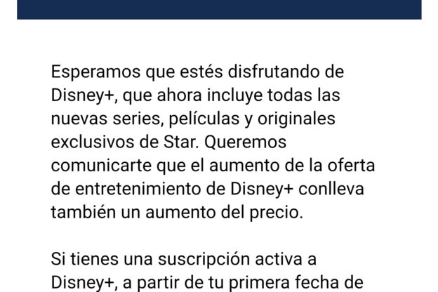 Mensaje de Disney+ avisando de subida de precio