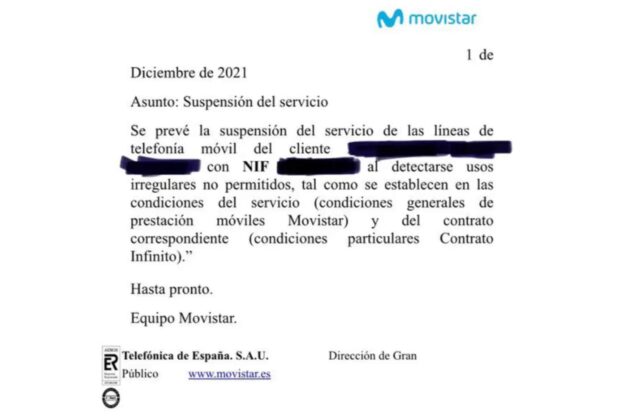 Email corte datos Movistar