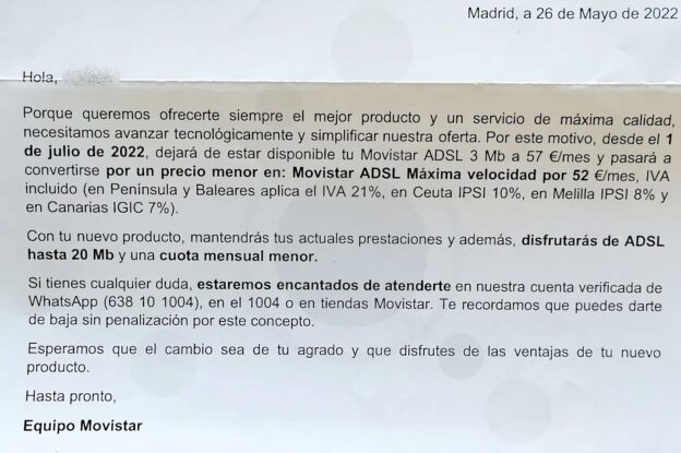 Carta Movistar ADSL Máxima Velocidad