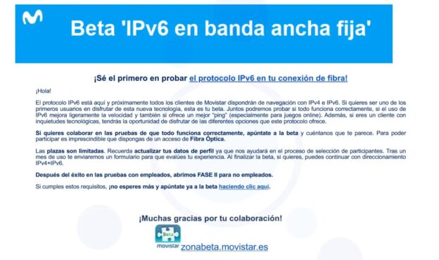 Email beta IPv6 fibra Movistar