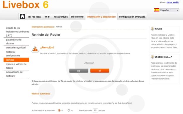Programar reinicio router Livebox 6 Orange