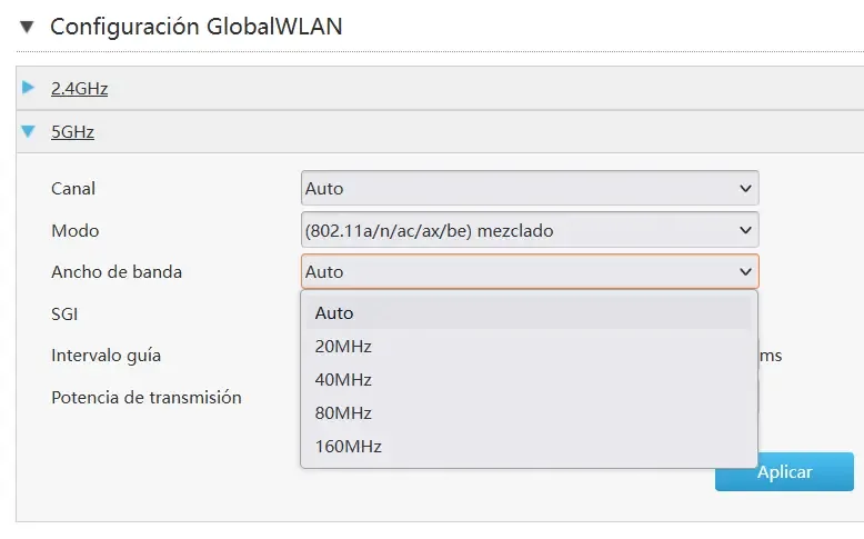 Menú wifi 5 GHz