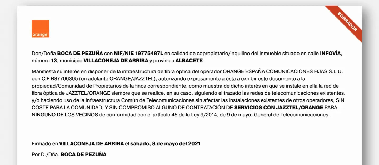 Carta de interés comercial en fibra Orange