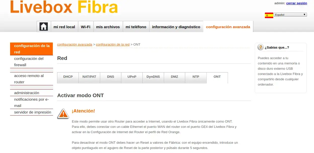 Activando modo ONT en Livebox Fibra