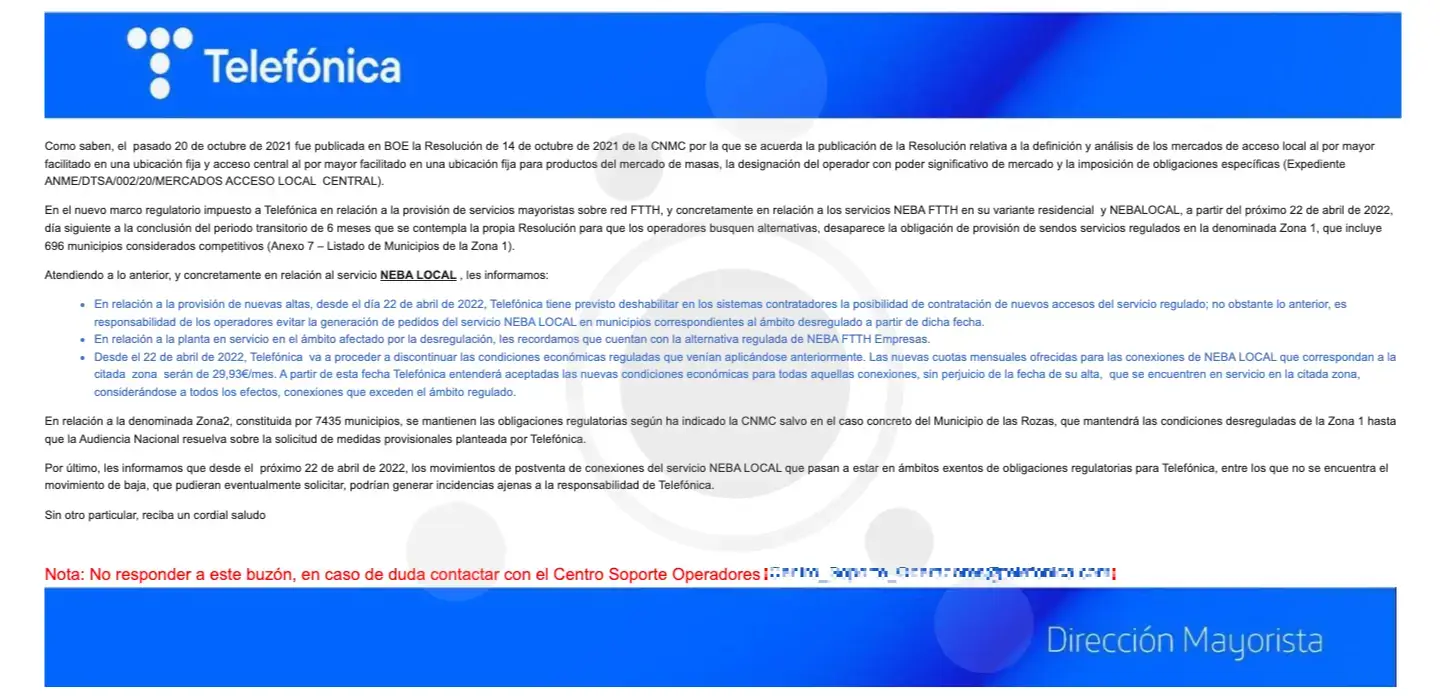 Email de Telefónica sobre el cierre de NEBA