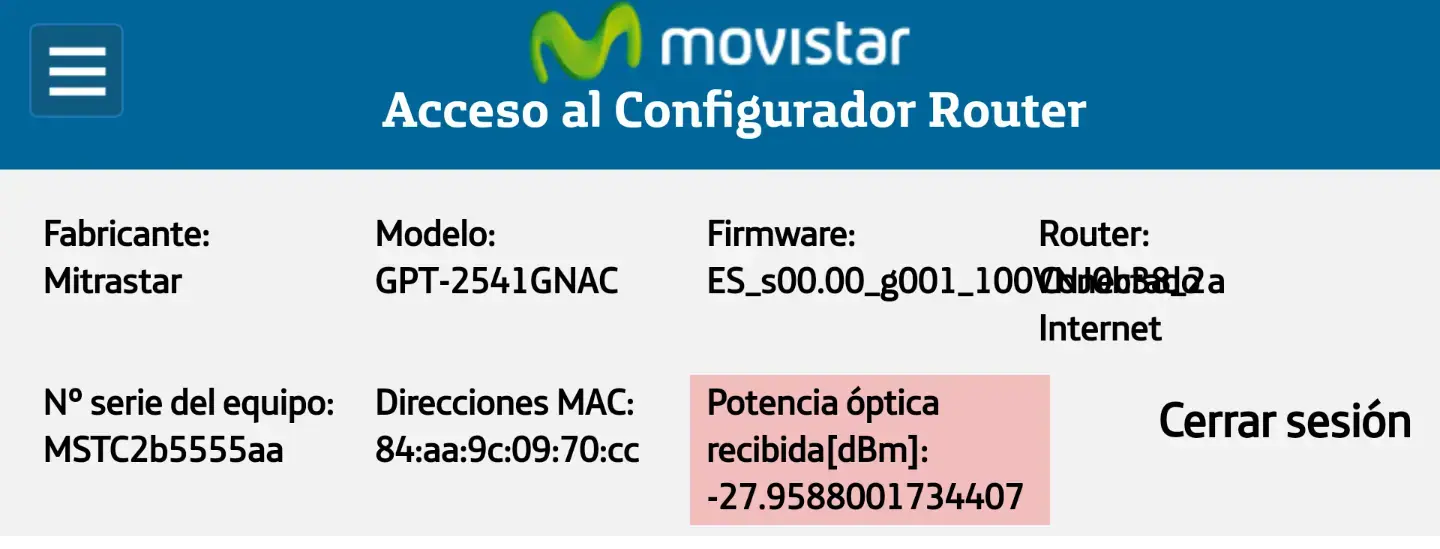 Potencia óptica en router HGU