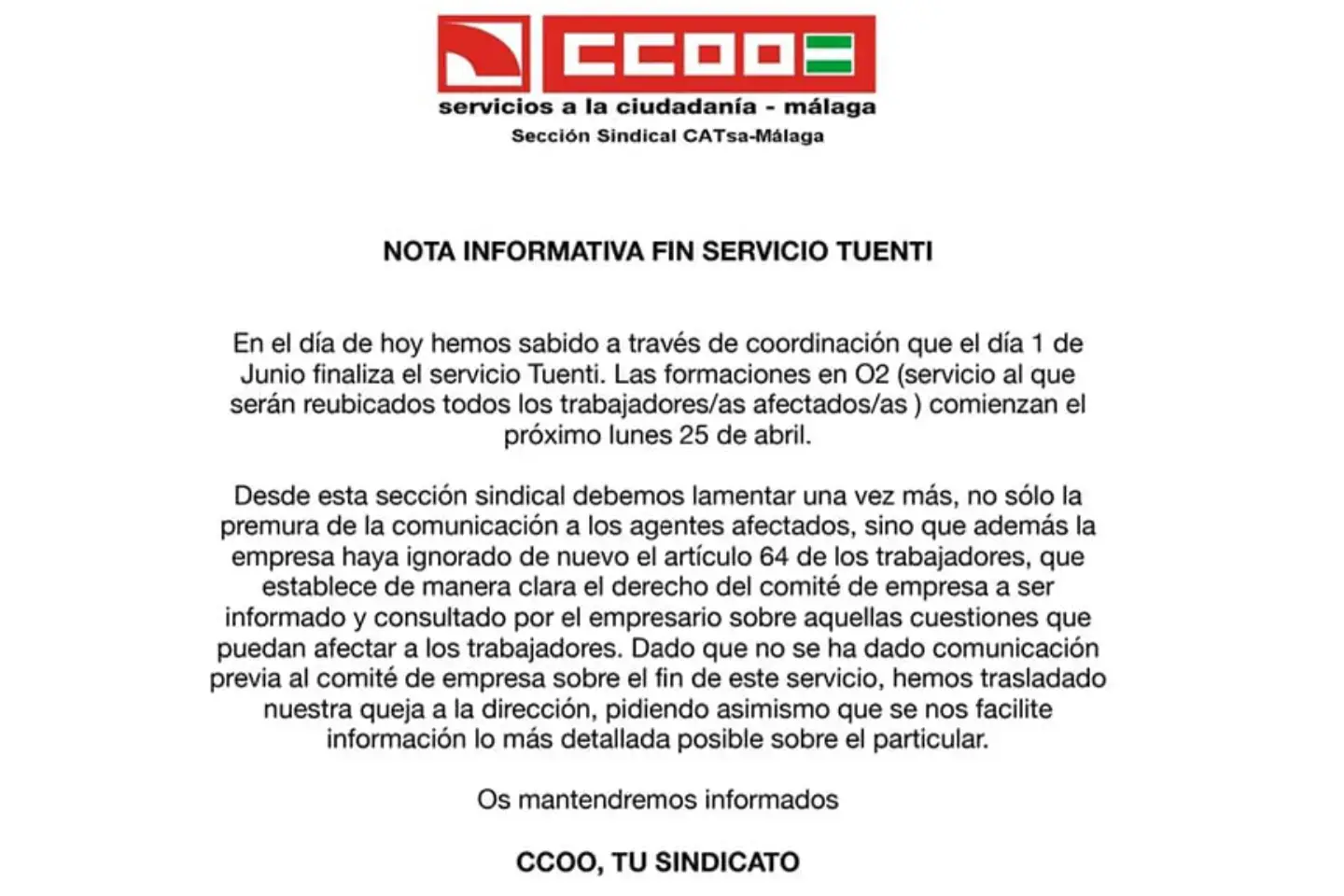 Comunicado CCOO fin Tuenti