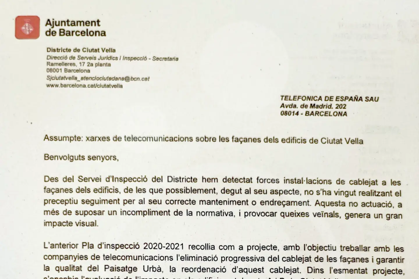 Carta Ayto Barcelona despliegue fibra operadoras