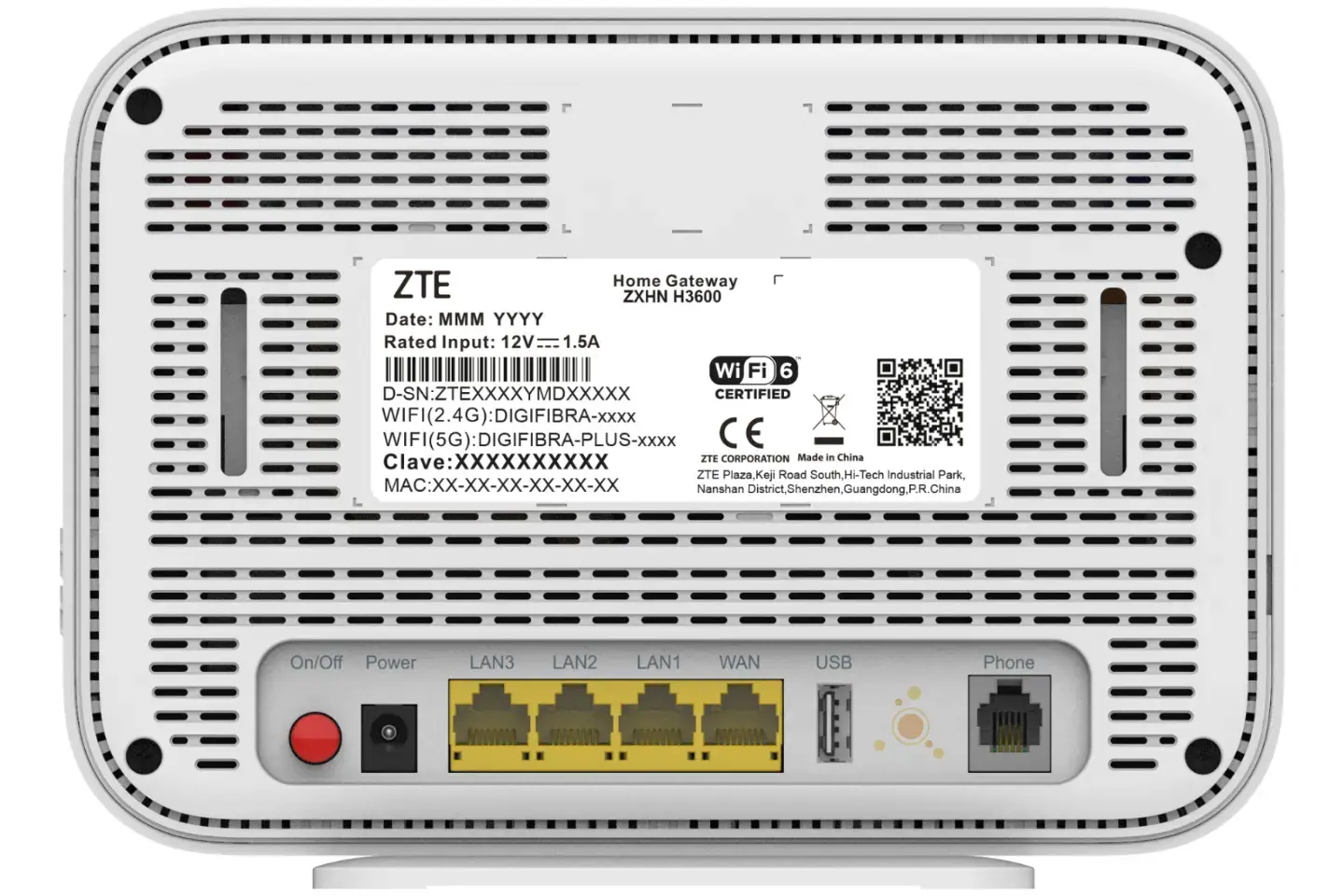 Trasera puertos ZTE H3600P de Digi