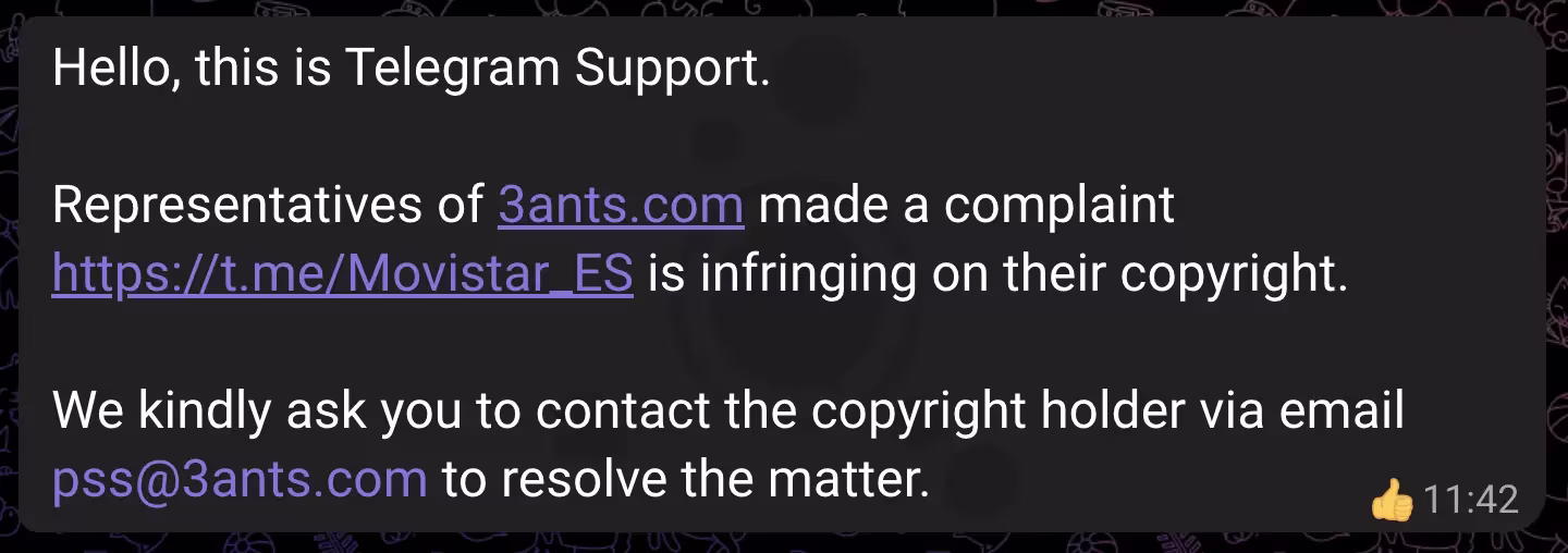 Mensaje de Telegram Support