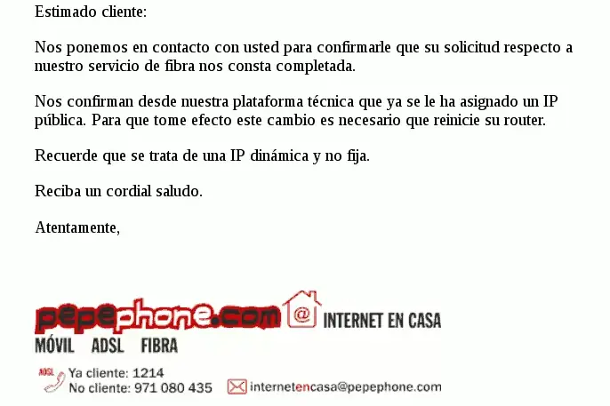 Email de Pepephone comunicando que sacan de CG NAT