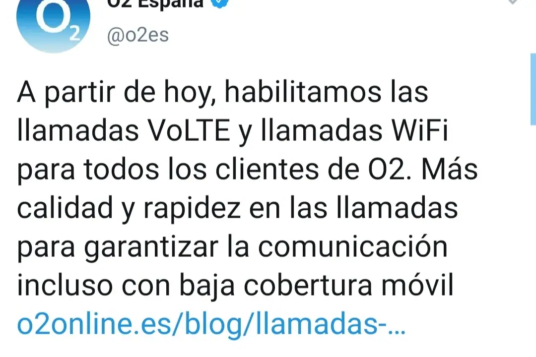 Mensaje de O2 comunicando la activación de VoLTE