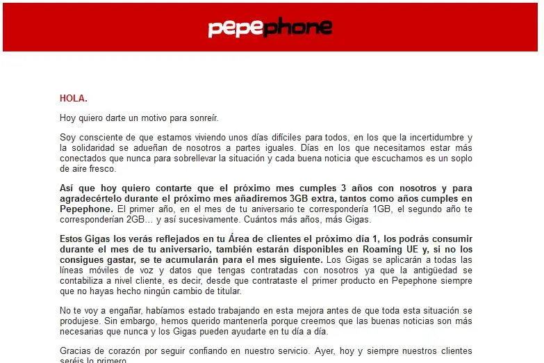 Email de Pepephone sobre los GB por aniversario