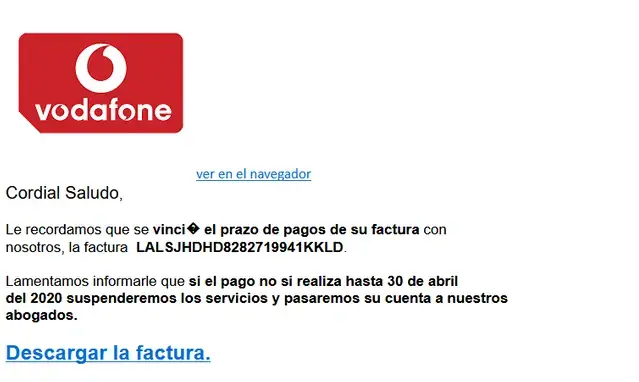 Mensaje de phising de Vodafone