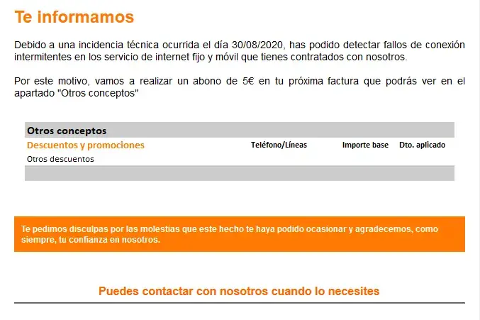 Correo de Orange sobre la incidencia en su red