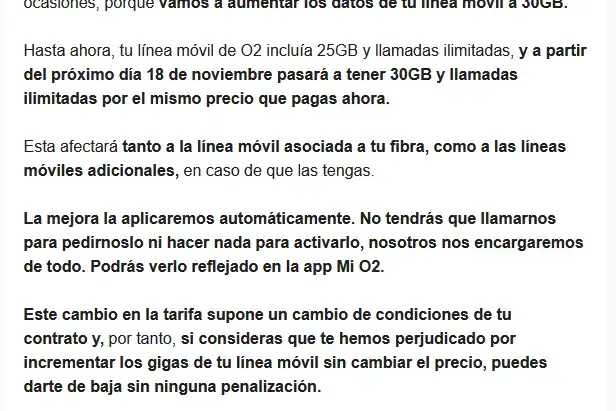 Comunicación enviada por O2 sobre el aumento de datos móviles