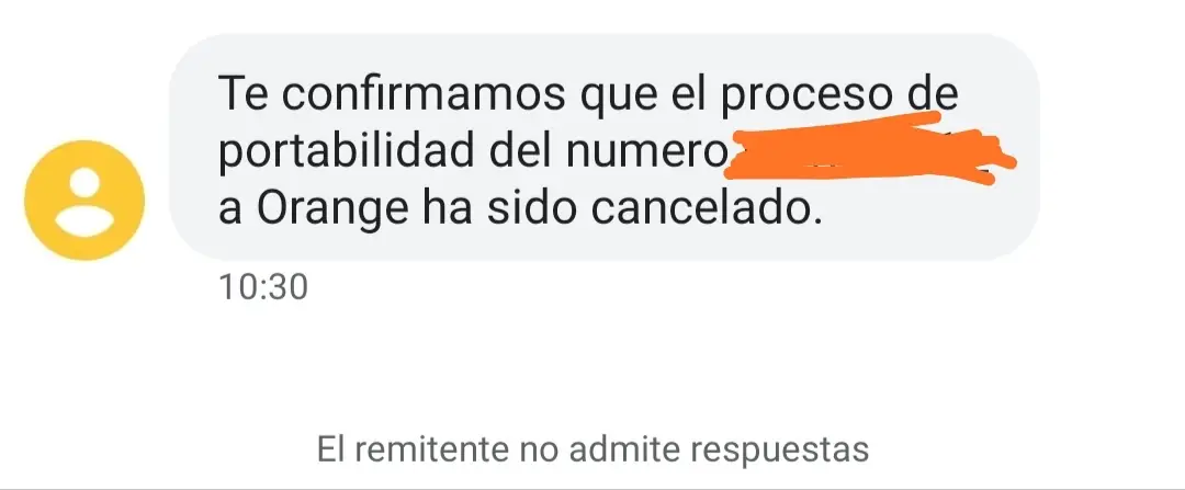 Mensaje de confirmación de portabilidad de Orange