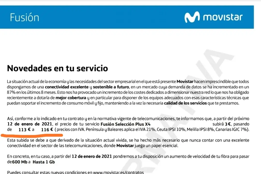 Carta de Movistar anunciando la subida de precio