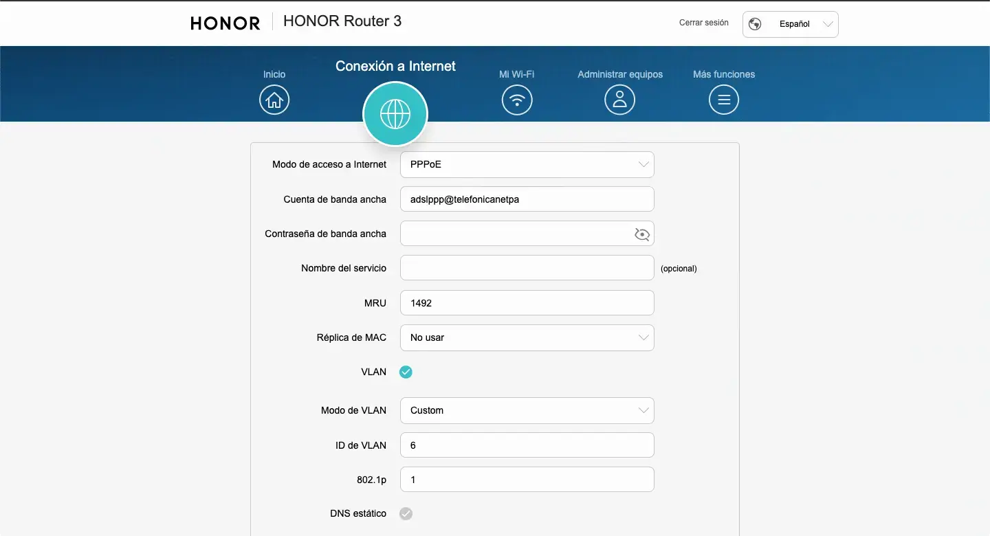 Configuración PPPoE en Honor Router 3