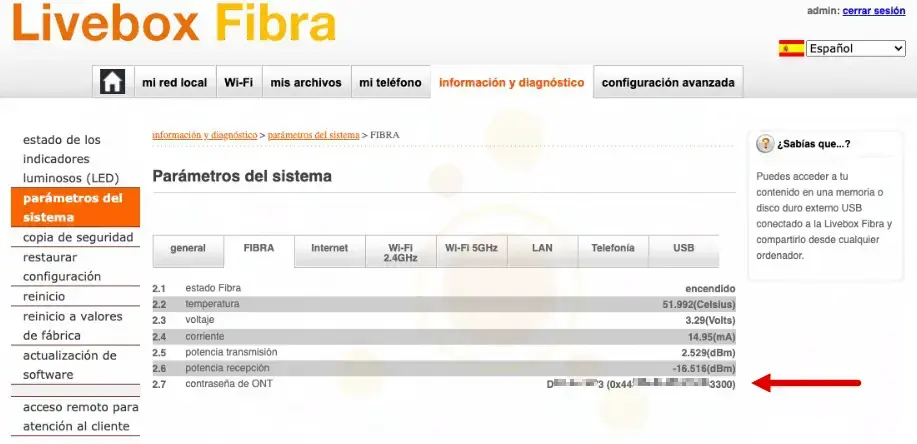 Contraseña del ONT en el Livebox Fibra