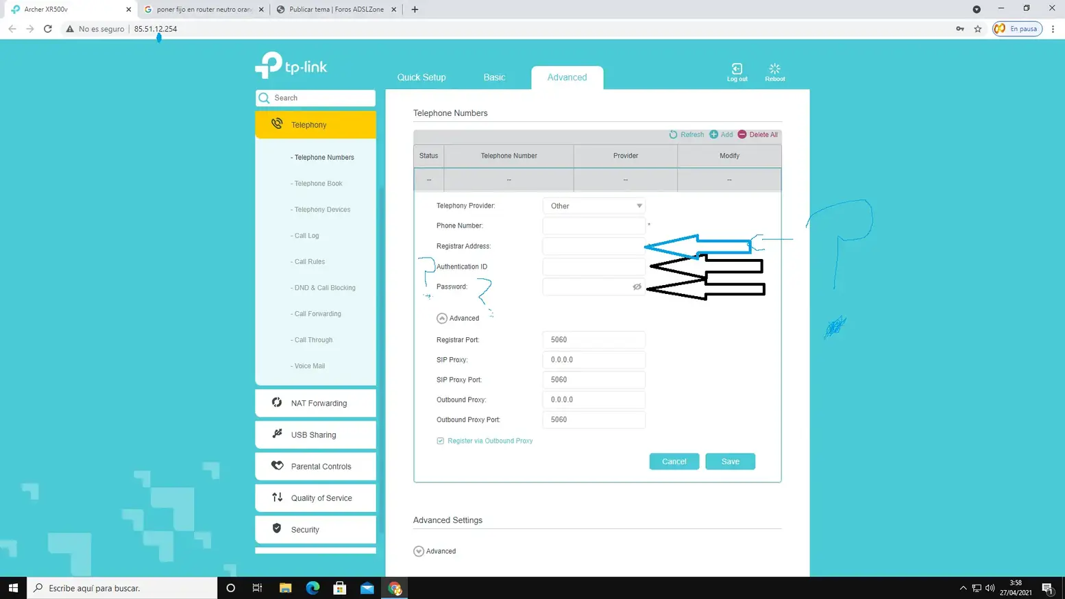 Configuración claves dirección web