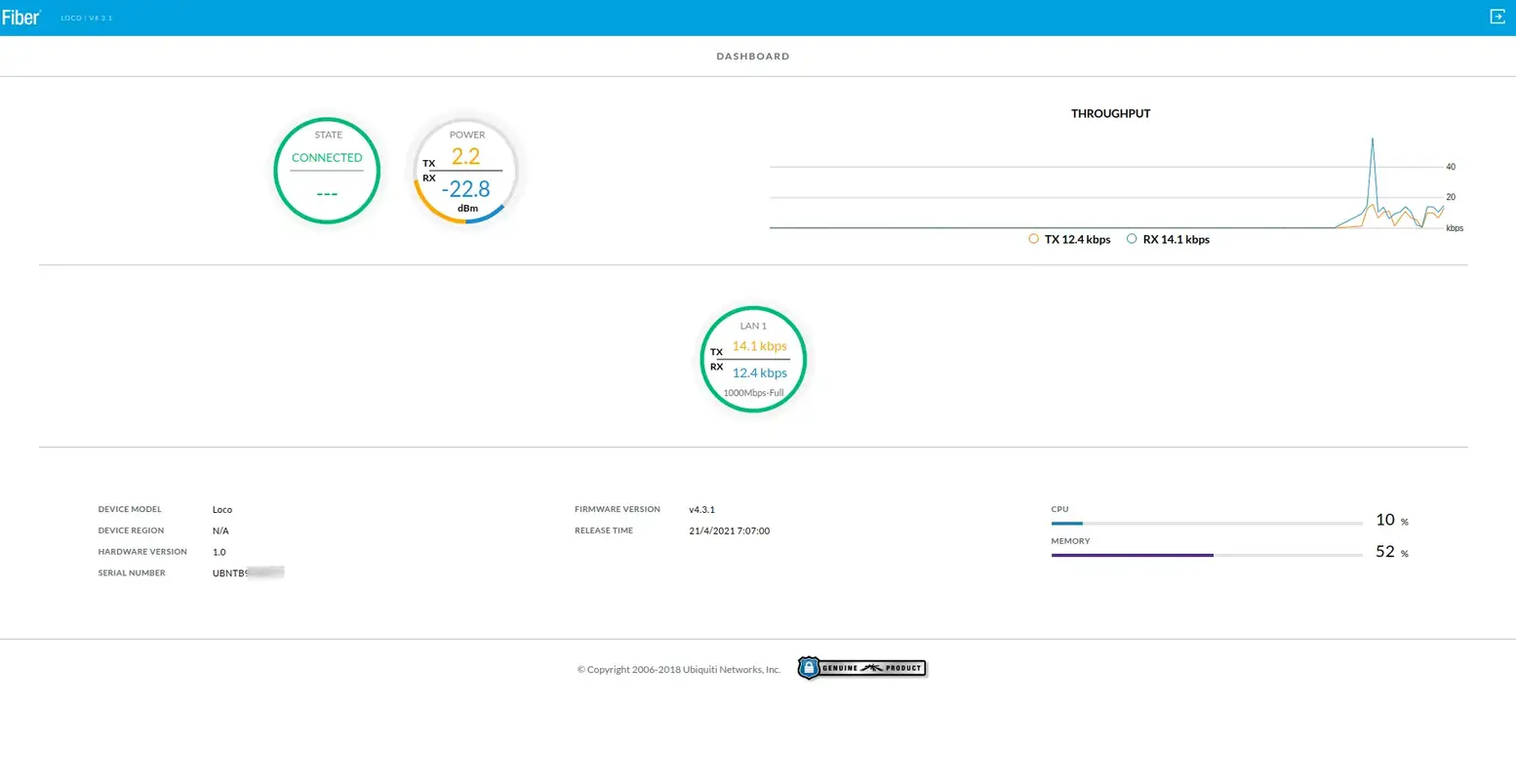 Interfaz web del Ufiber Loco