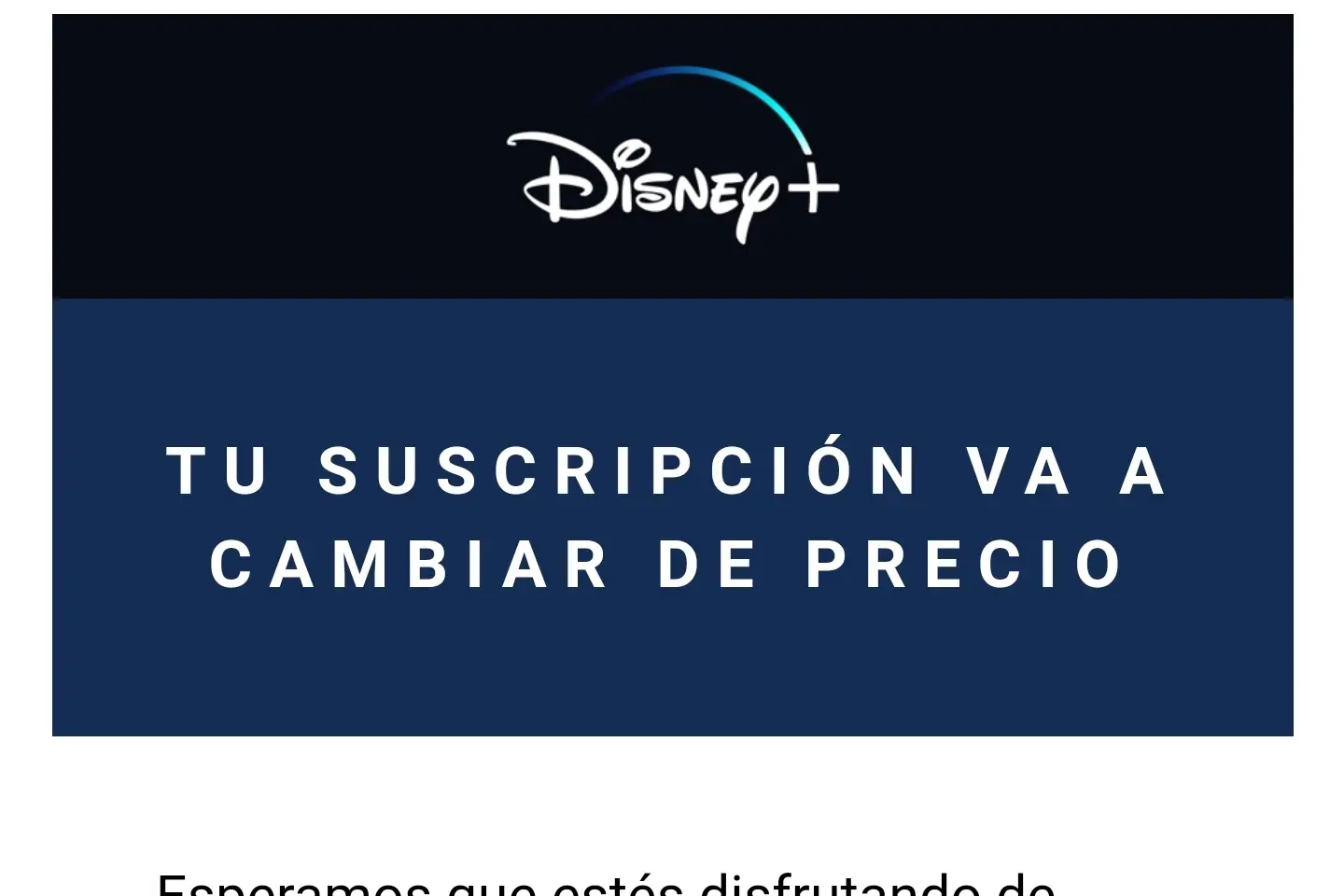 Mensaje de Disney+ avisando de subida de precio