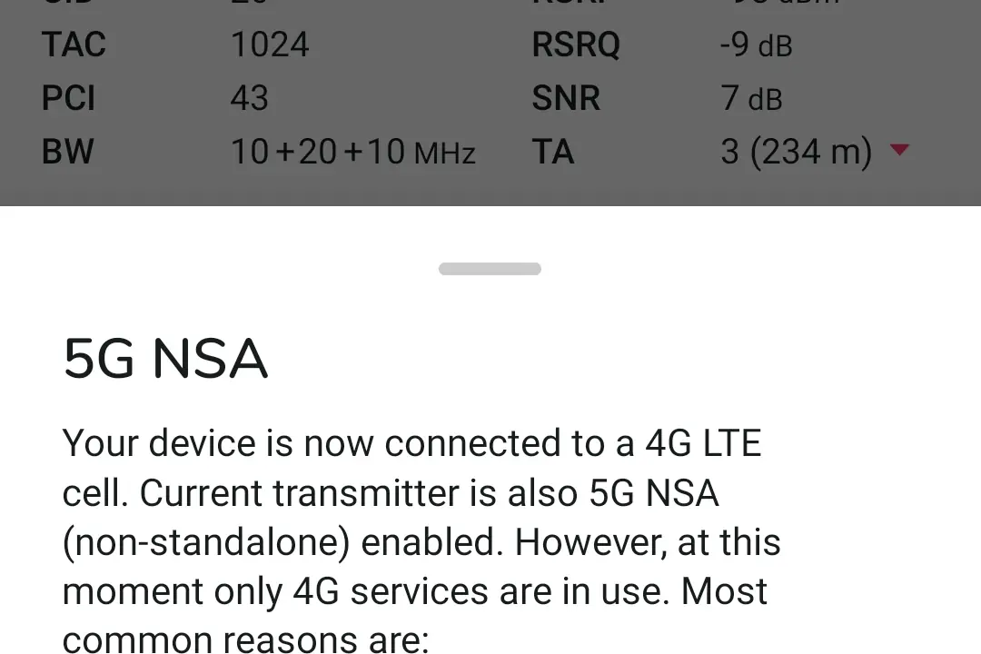 5G NSA "disconnected" en NetMonster