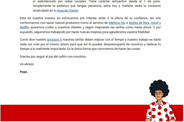 Captura de pantalla del correo electrónico de Pepephone anunciando los cambios en tarifa