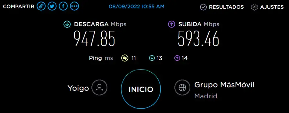 Captura de pantalla de prueba de velocidad en speedtest.net