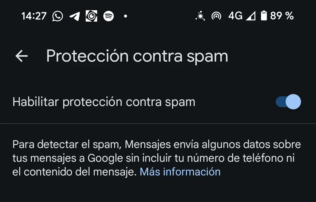 Protección contra el spam Mensajes Google Android