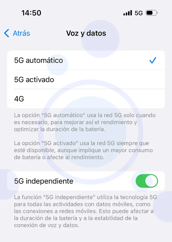 5G independiente activado en iPhone