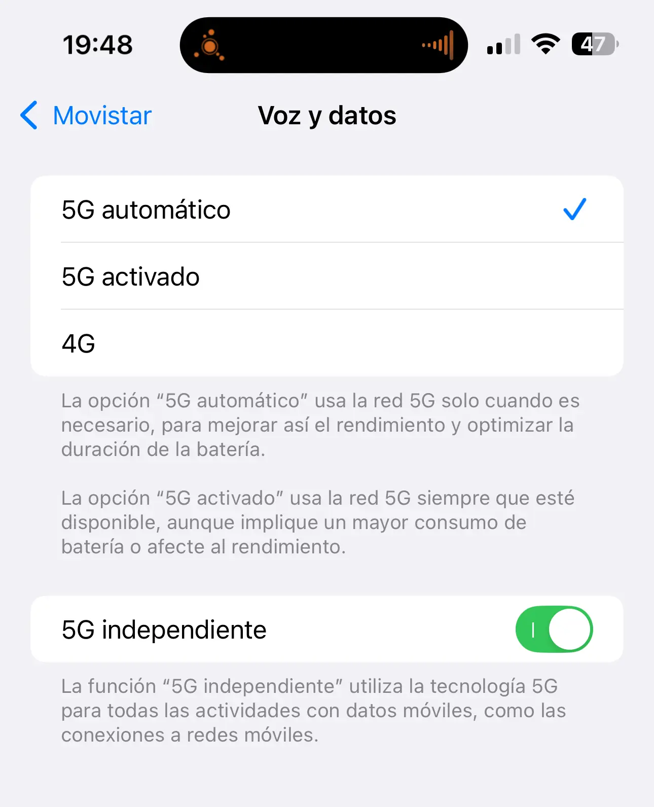 Opción para activar 5G independiente en iOS 18