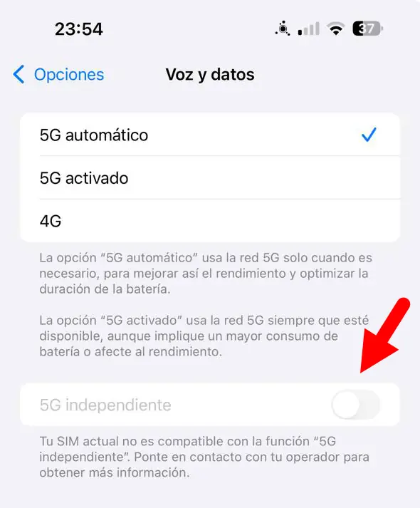 5G independiente desactivado iPhone