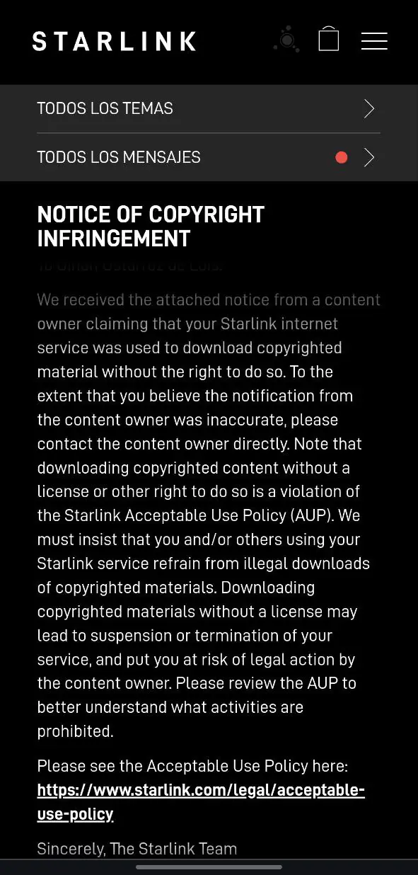 Starlink Notice of copyright infringement