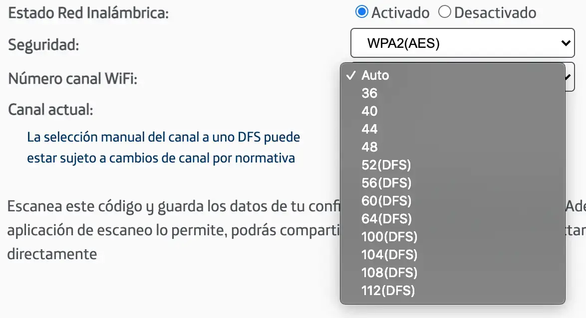 Selección de canal WiFi 5 GHz en router HGU