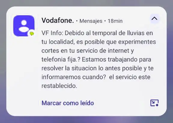 SMS de Vodafone sobre el temporal