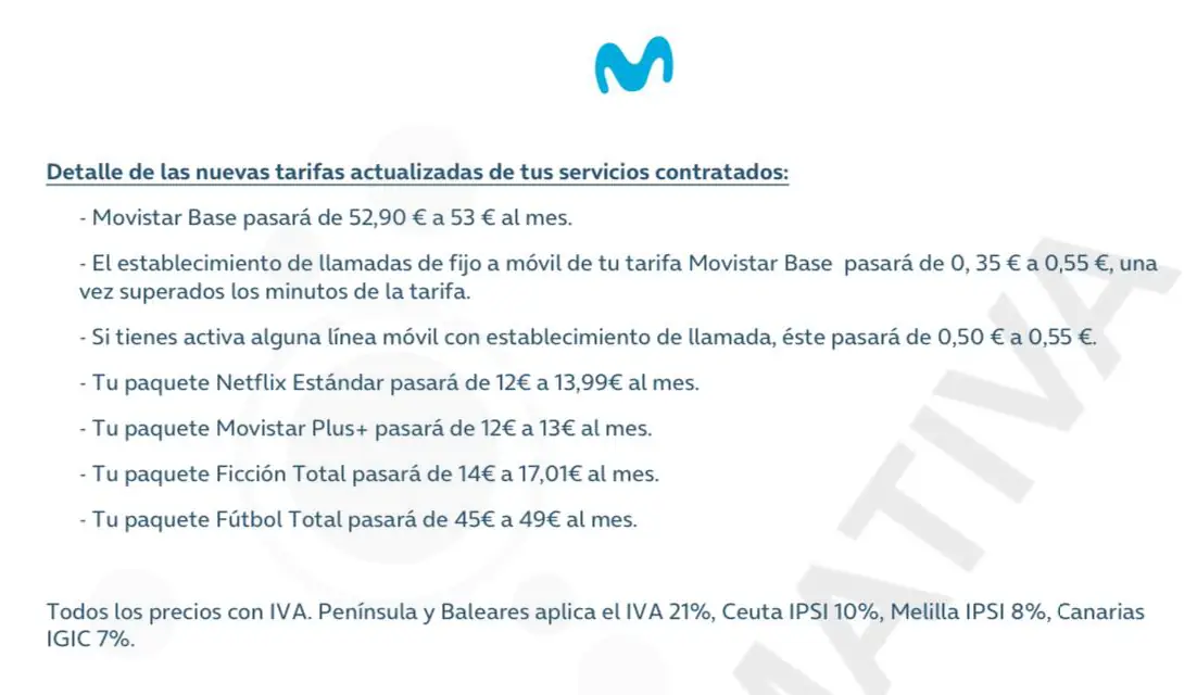 Comunicado subida precio Movistar