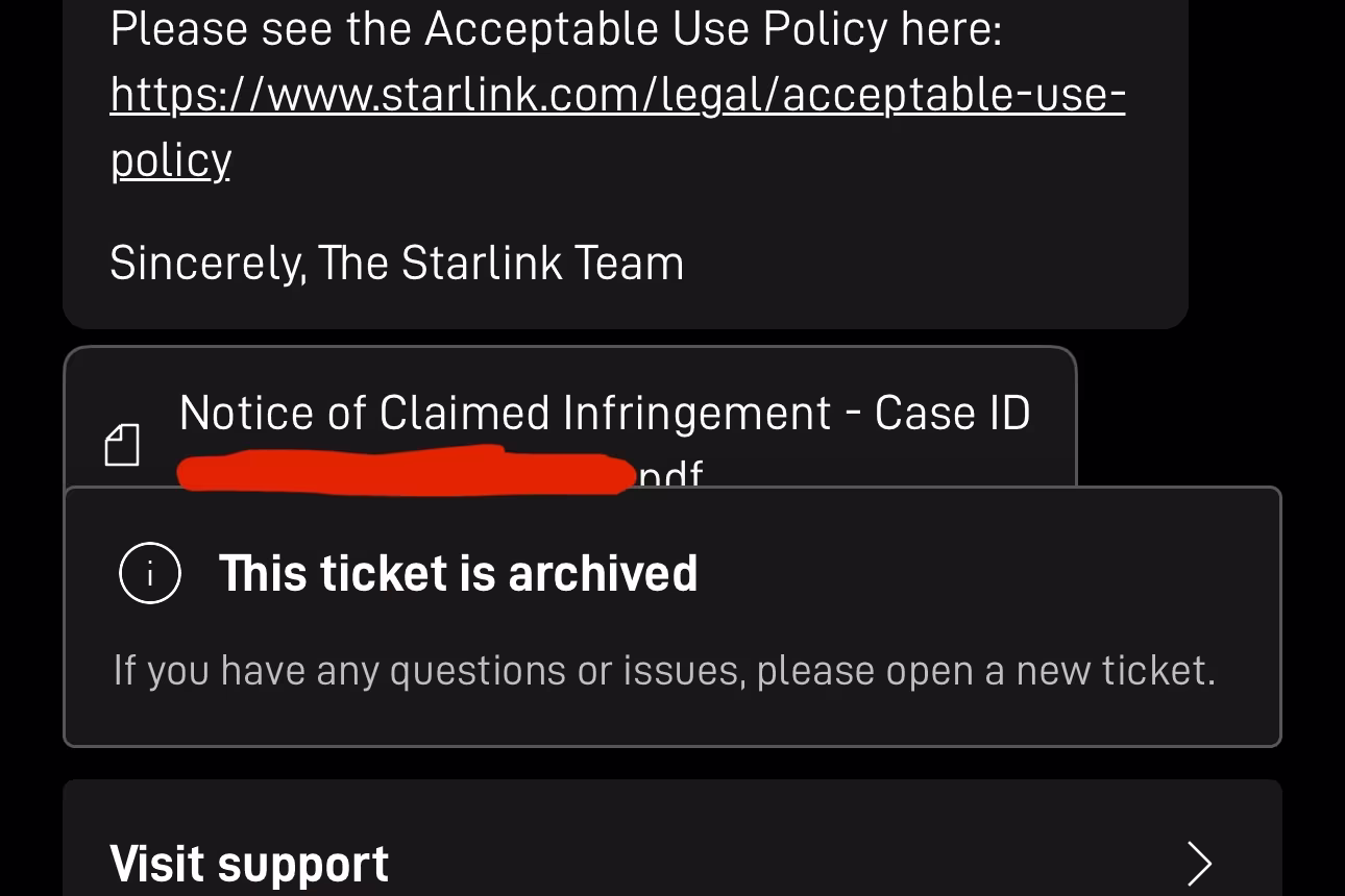 Mensaje en la app Starlink