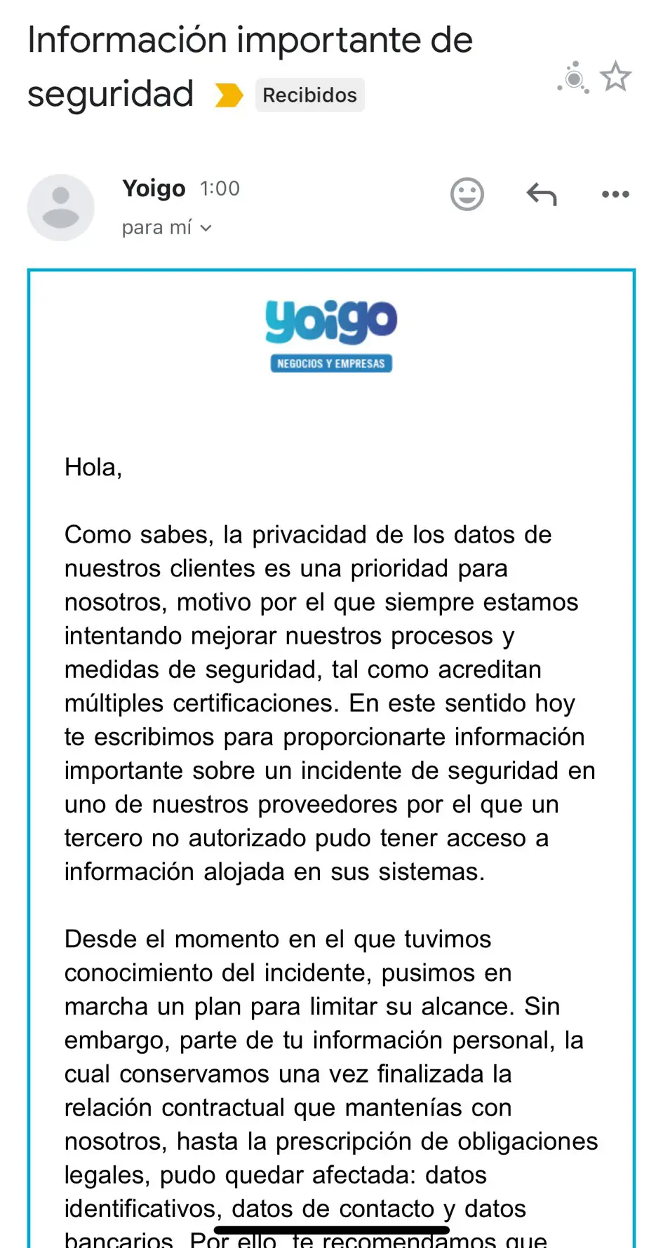 Email de Yoigo fuga datos