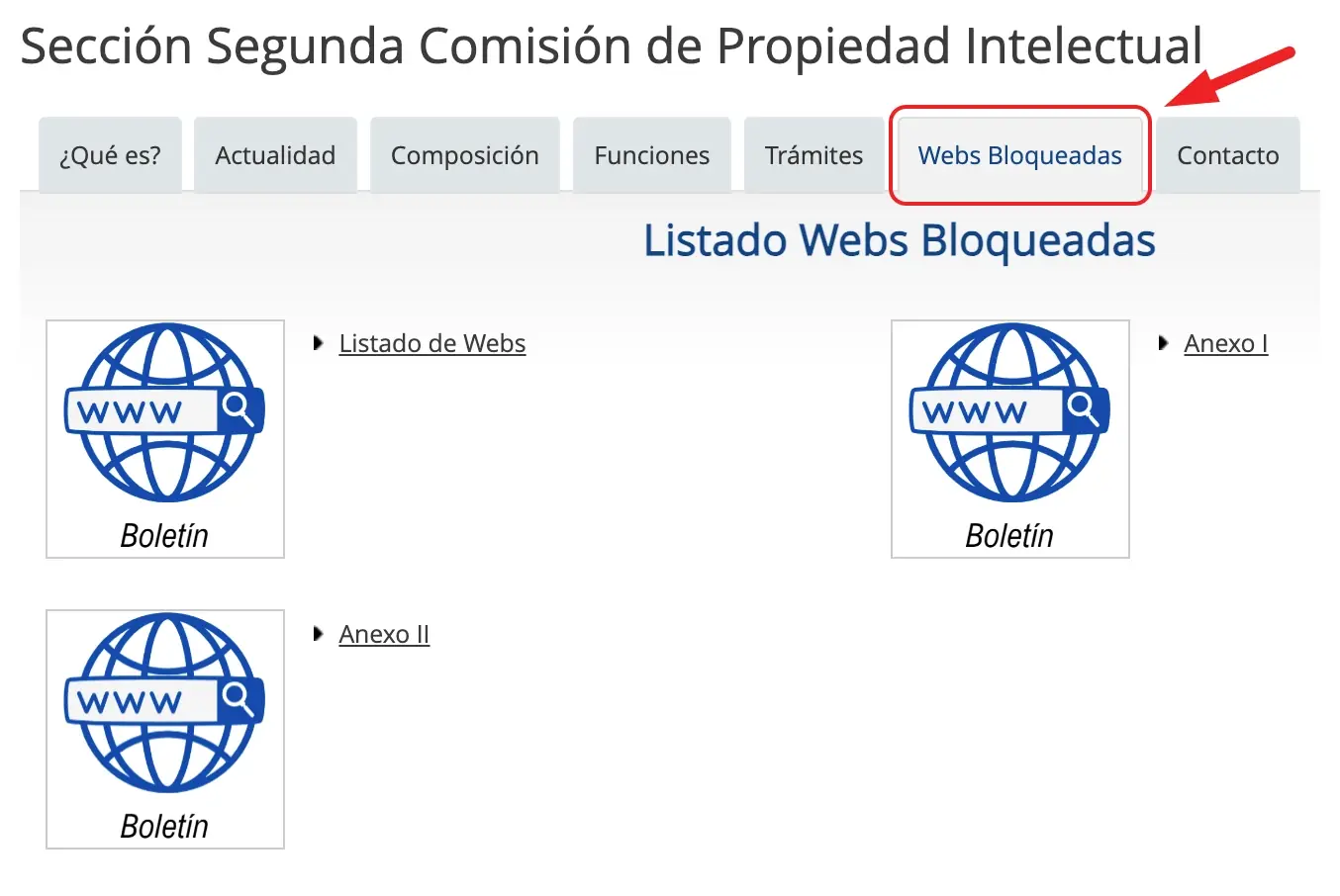 Pestaña webs bloqueadas