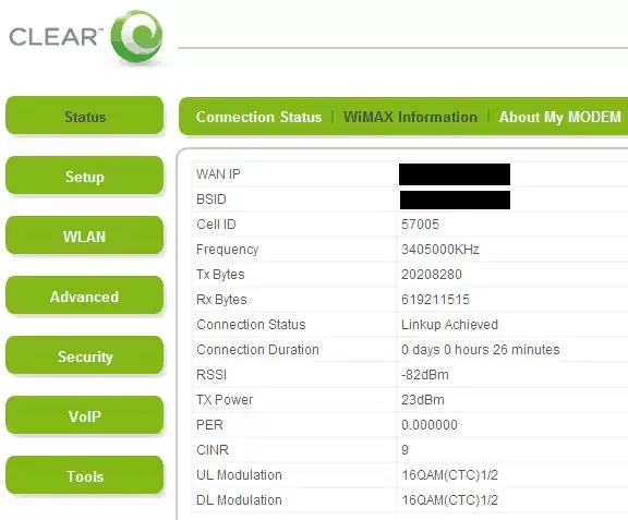 Interfaz de configuración del router WiMAX de Clear