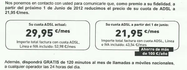 Carta de Jazztel anunciando la rebaja del ADSL