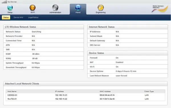 Interfaz de administración del router LTE de Nokia