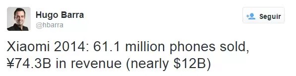 Hugo Barra en Twitter sobre las ventas de Xiaomi en 2014