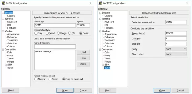 Configuración de Putty para puerto serie USB